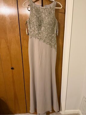 Rina diMontella Taupe Beaded Lace Maxi Dress